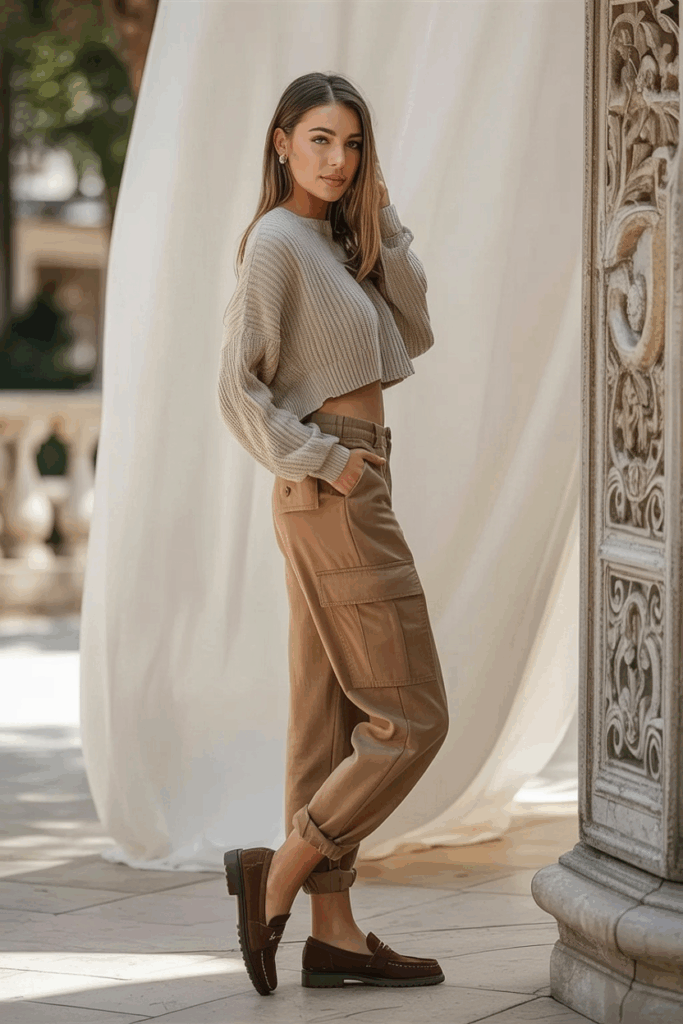 woman wearing tan cargo pants, a cropped oatmeal knit sweater, and brown suede loafers