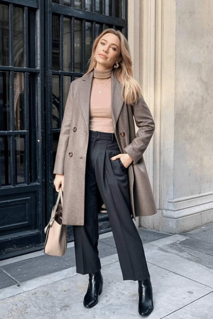 a taupe wool coat with tortoiseshell buttons over a blush cashmere turtleneck and charcoal trousers. Black ankle boots ground the look, with gold hoop earrings and a beige leather handbag