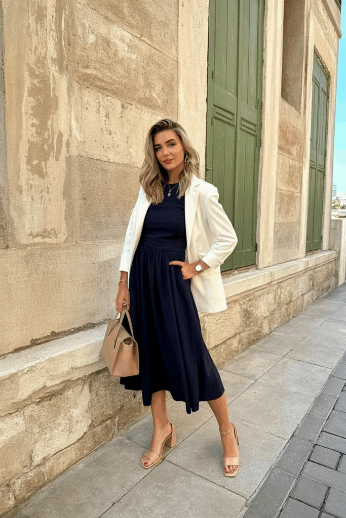 A woman wearing nude block heels with a navy midi dress and structured handbag.