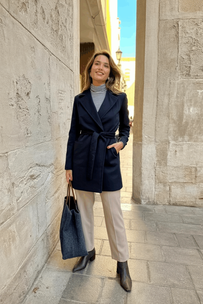 A woman wearing a navy wrap coat belted at the waist over a striped turtleneck and tailored trousers. She carries a wool tote and wears low-heeled boots