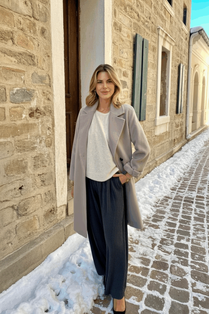 A woman is wrapped in a dove gray cashmere coat with a matching scarf. Underneath, she layers a white cashmere blend sweater and charcoal pleated trousers.