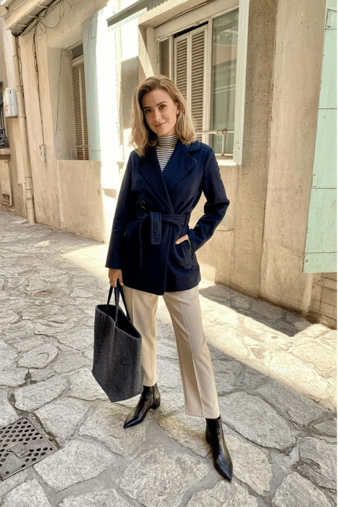 A woman wearing a navy wrap coat belted at the waist over a striped turtleneck and tailored trousers. She carries a wool tote and wears low-heeled boots