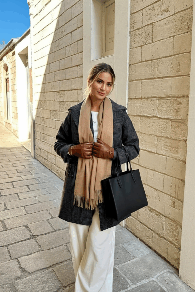 charcoal wool coat with a soft camel cashmere scarf draped loosely at the neck. She pairs it with espresso leather gloves and carries a structured black mini tote.
