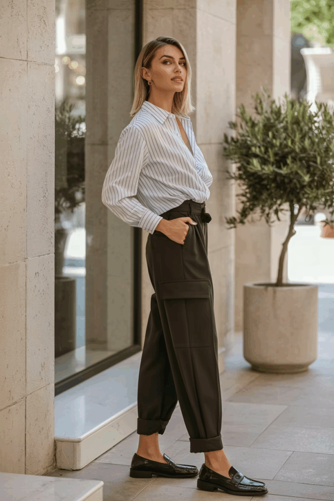 black cargo pants, a tucked-in pinstripe shirt, and polished black loafers