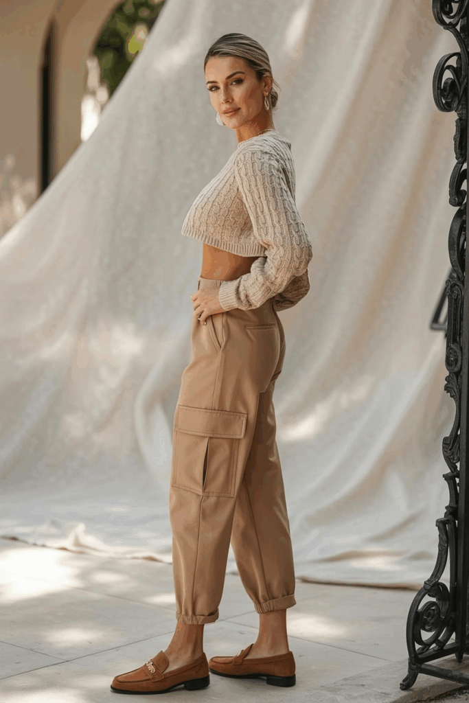 woman wearing tan cargo pants, a cropped oatmeal knit sweater, and brown suede loafers