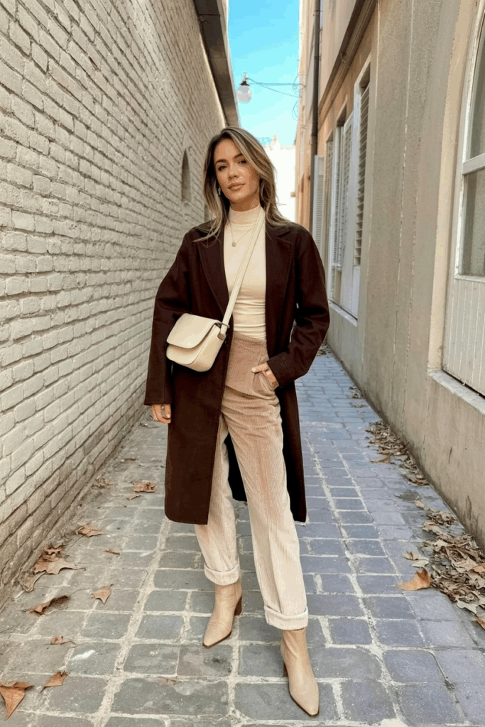 woman in a rich chocolate brown coat over a wool turtleneck and corduroy pants. She wears beige ankle boots and a cream crossbody