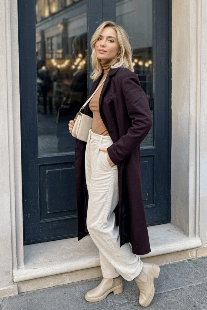 woman in a rich burgundy coat over a biscuit-colored wool turtleneck and ivory corduroy pants. She wears beige ankle boots and a cream crossbody