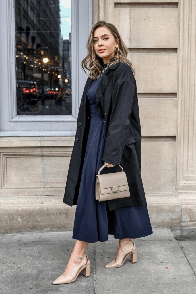 A woman wearing nude block heels with a navy midi dress and structured handbag.