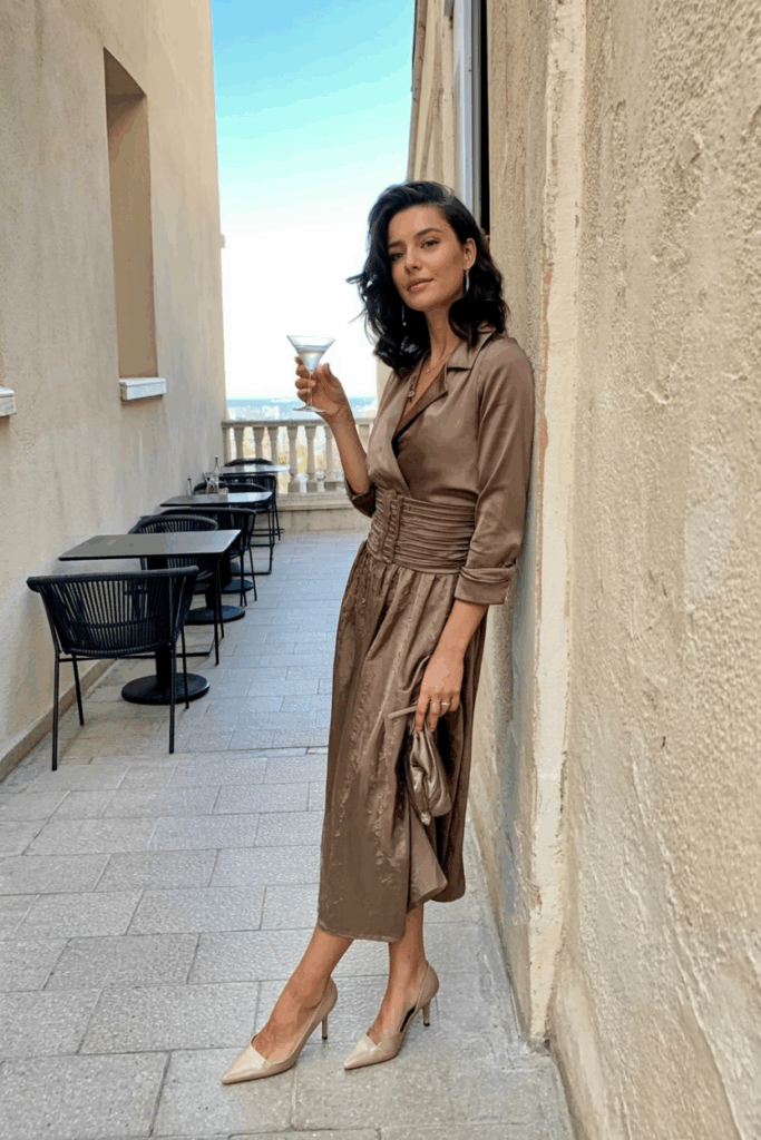 Woman wearing a brown silk midi dress with a structured waist and nude kitten heels