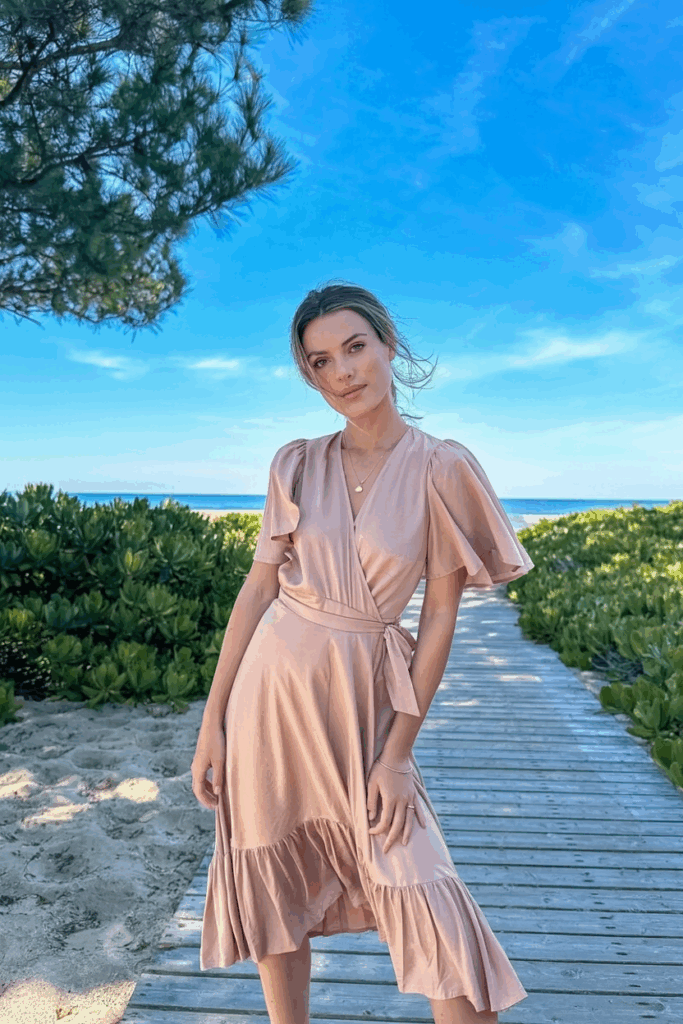 light coral wrap dress with flutter sleeves and a midi-length hem, cinched at the waist