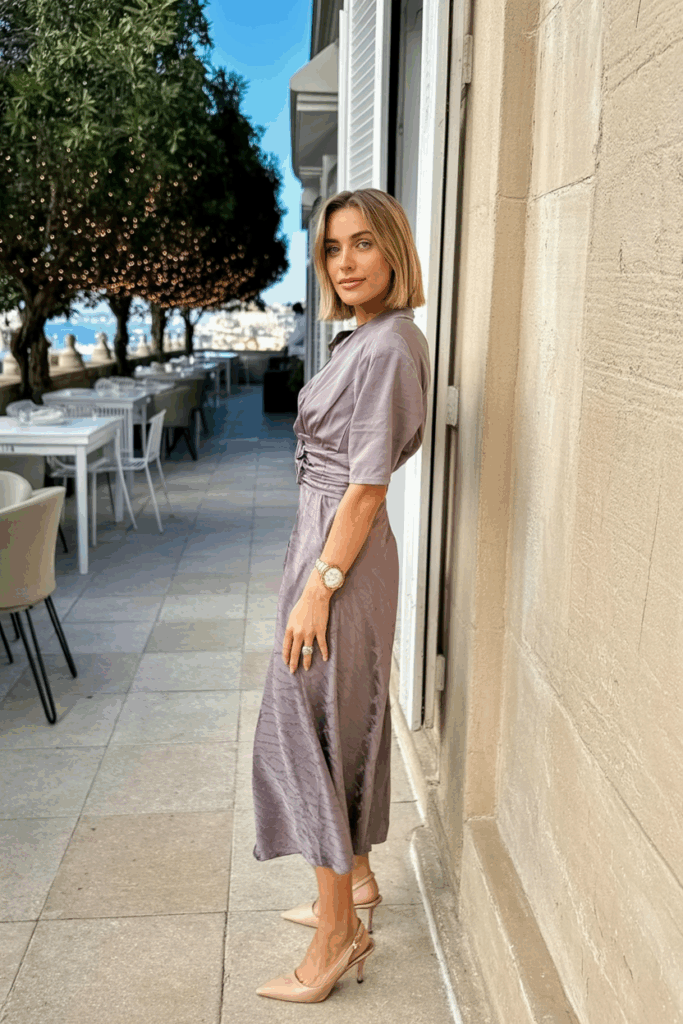 A woman wearing a muted lavender silk midi dress with a structured waist and nude kitten heels