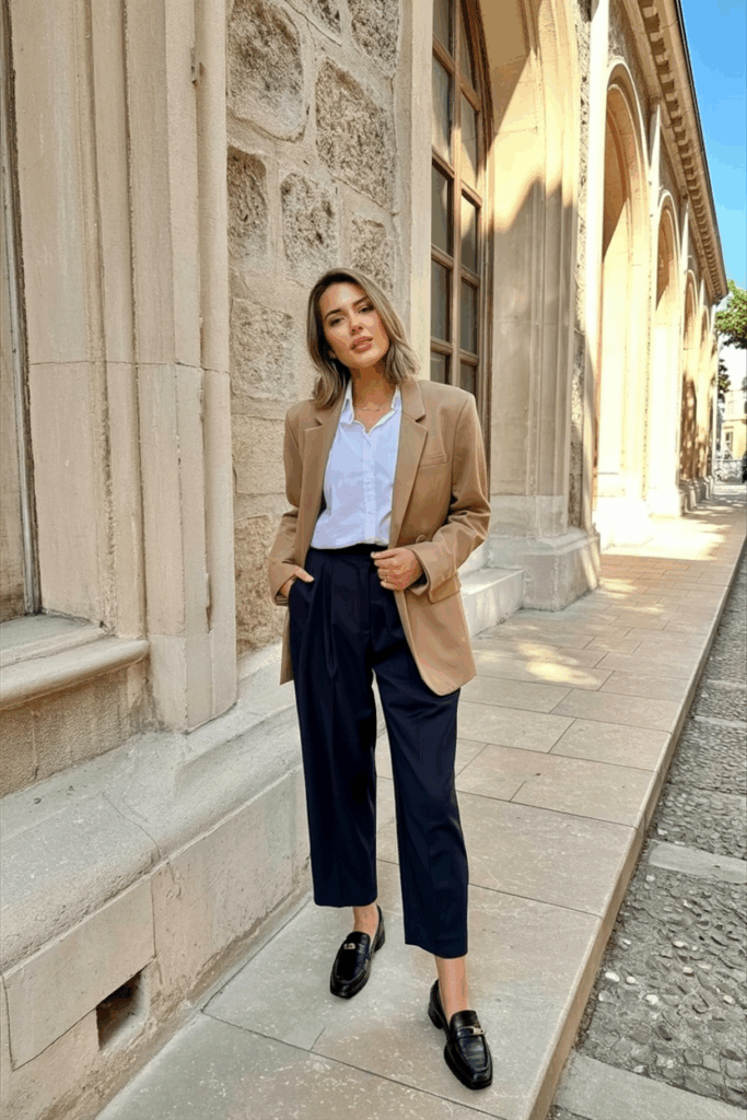 A woman wearing a camel wool blazer over a white button-up shirt and navy pleated trousers with black leather loafers