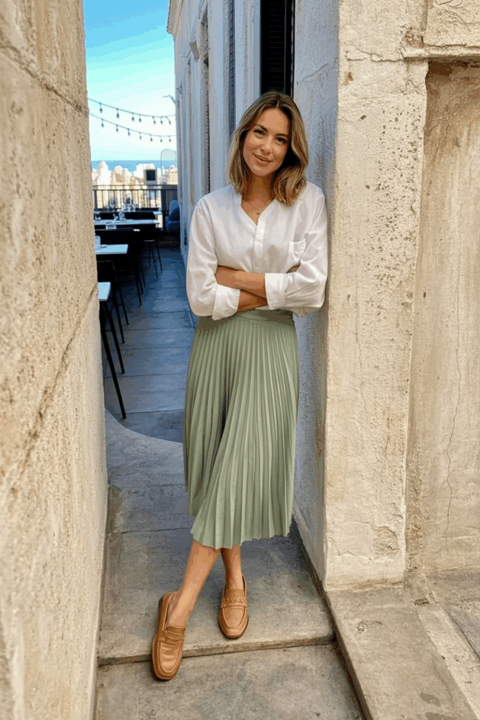 A woman wearing a white blouse tucked into a sage green pleated skirt with tan loafers