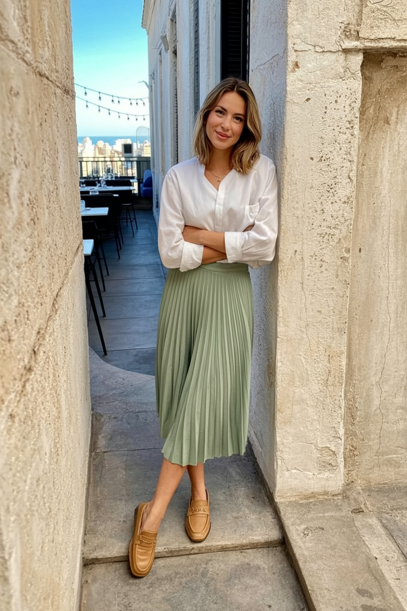 A woman wearing a white blouse tucked into a sage green pleated skirt with tan loafers
