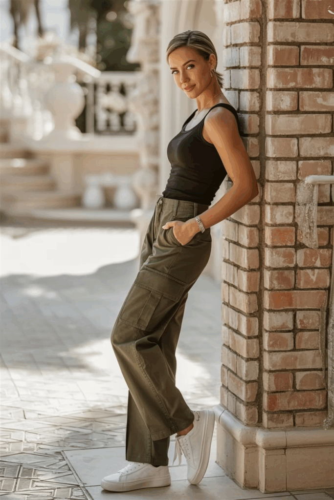 olive green straight-leg cargo pants, a fitted black tank top, and minimalist white sneaker