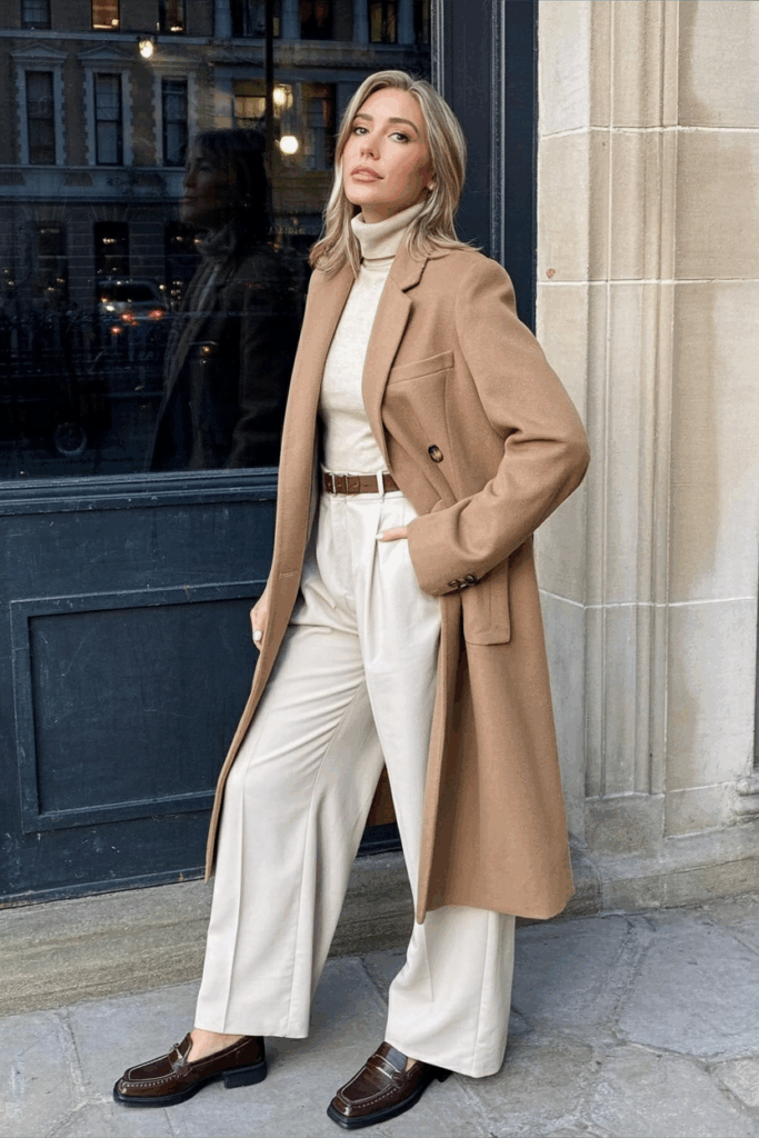 A woman wearing a tailored camel wool overcoat, cream turtleneck sweater, wide-leg ivory trousers, and brown leather loafers
