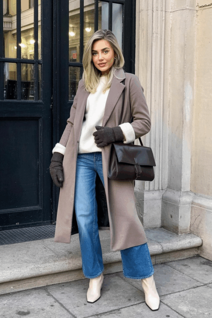 woman wearing a long camel wool coat over a winter white sweater, straight-leg jeans, and cream ankle boots. She adds a dark brown leather satchel and wool gloves
