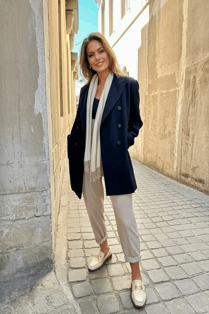 A woman wearing a navy double-breasted wool coat with a cream scarf, tapered pants, and loafers,