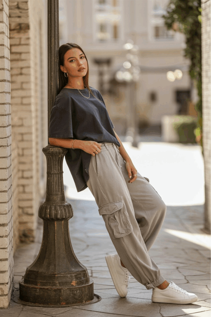 soft gray cargo pants, a slightly oversized navy boxy tee, a thin gold chain, and white sneakers,