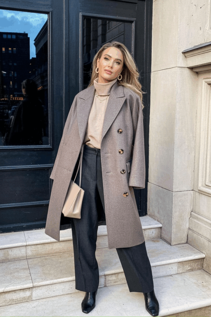 a taupe wool coat with tortoiseshell buttons over a blush cashmere turtleneck and charcoal trousers. Black ankle boots ground the look, with gold hoop earrings and a beige leather handbag