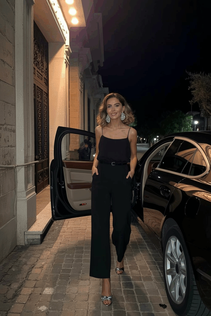 a wide-leg black jumpsuit with a defined waist, metallic heels, and chandelier earrings