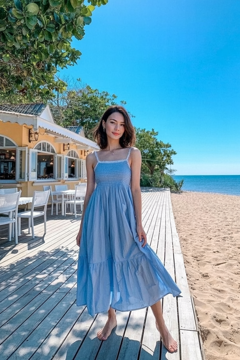 A woman in a soft pastel blue cotton sundress with thin straps and a skirt