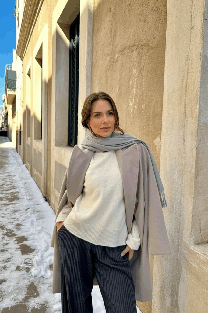 A woman is wrapped in a dove gray cashmere coat with a matching scarf. Underneath, she layers a white cashmere blend sweater and charcoal pleated trousers.