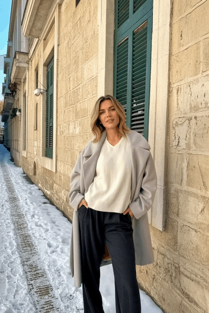 A woman is wrapped in a dove gray cashmere coat with a matching scarf. Underneath, she layers a white cashmere blend sweater and charcoal pleated trousers. She wears minimal white sneakers and has a slouchy tote