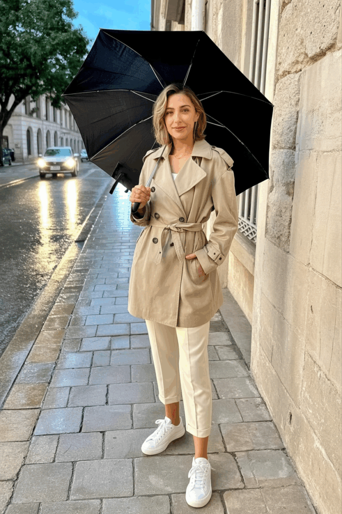 A woman wearing a beige belted trench coat, cropped trousers, and white sneakers