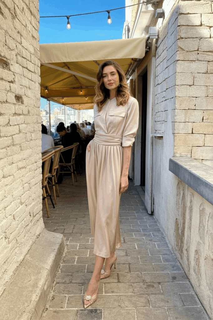 A woman wearing a blush silk midi dress with a structured waist and nude kitten heel