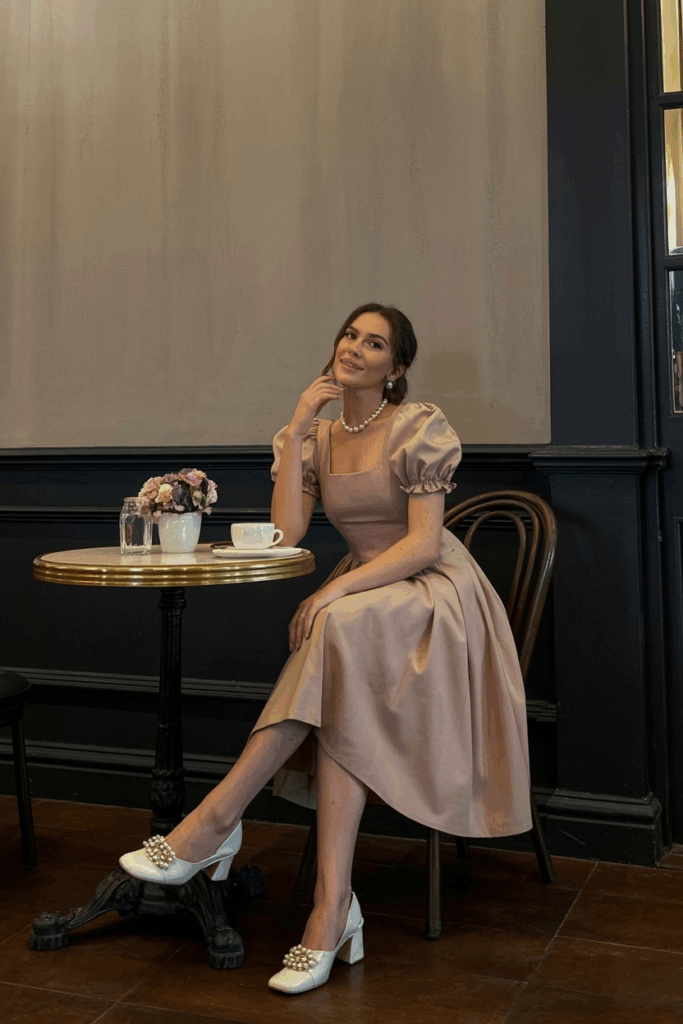 blush tea-length dress with puff sleeves, white low heels, and pearl studs