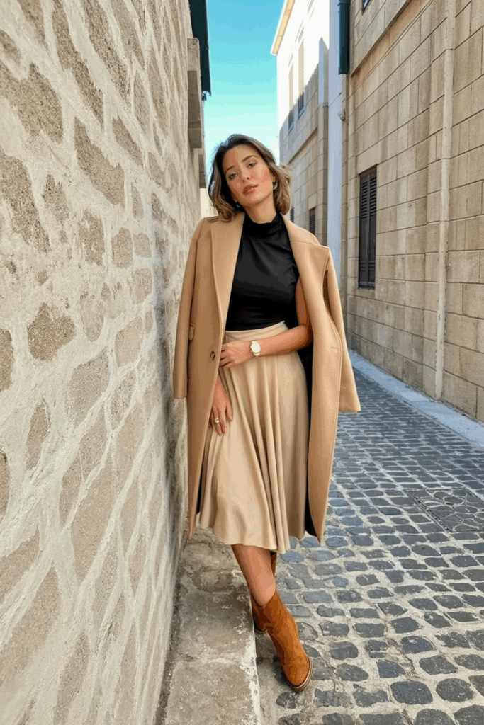 A woman wearing a camel wool coat over a turtleneck and midi skirt, paired with suede boots