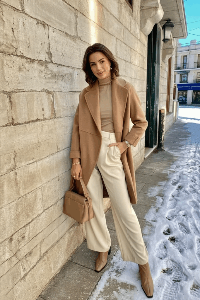 A woman wearing a camel wool wrap coat over a soft turtleneck and wide-leg cream trousers, carrying a leather structured handbag. She wears almond-toe ankle boots
