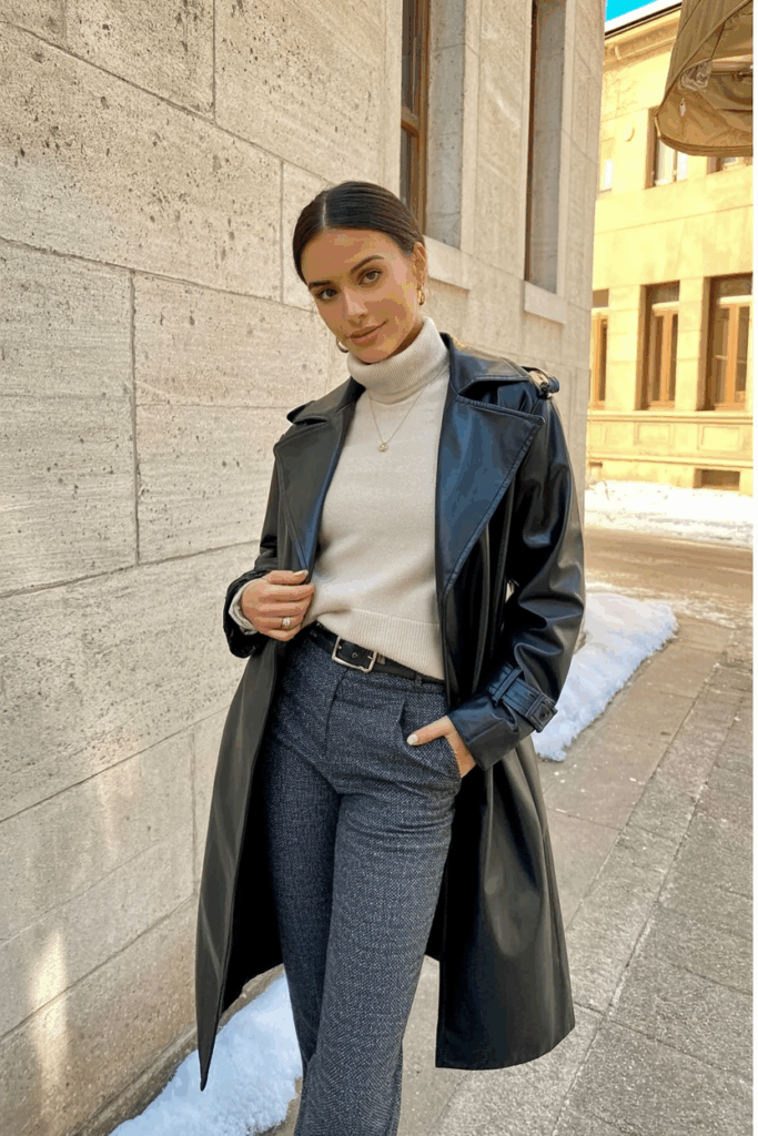 A woman wearing a long black vegan leather trench coat with structured shoulders and a belted waist. Underneath, she wears a soft turtleneck sweater and tapered wool trousers. Her outfit is grounded by sleek mid-heel boots