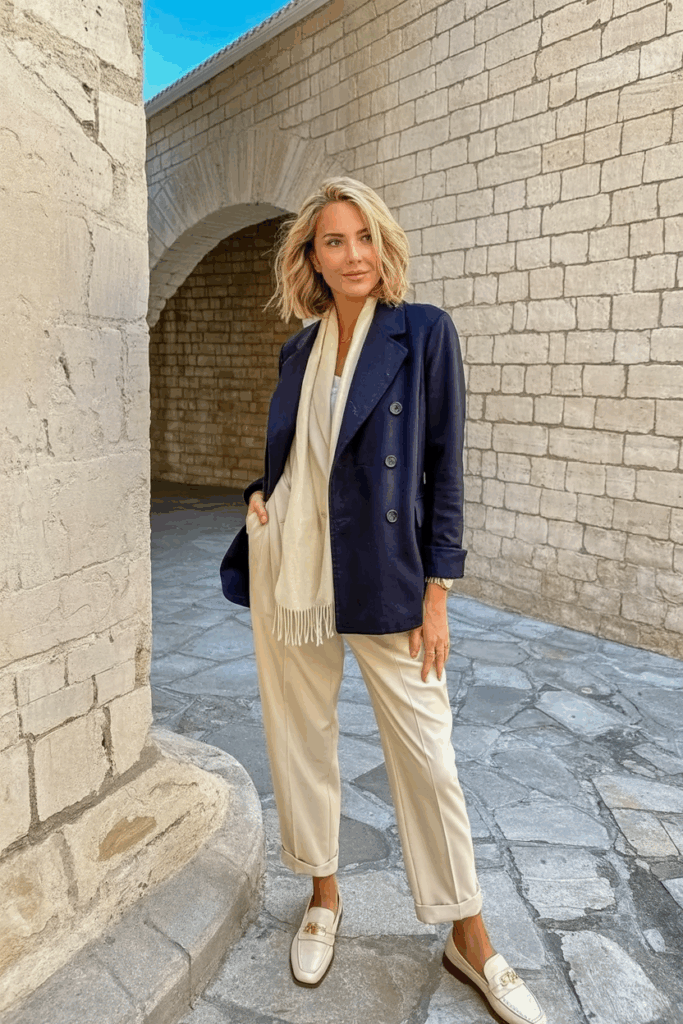 A woman wearing a navy double-breasted wool coat with a cream scarf, tapered pants, and loafers,