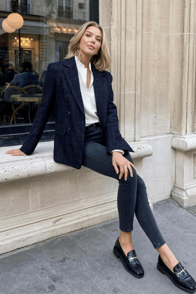 A woman wearing a navy tweed blazer over a white blouse, tailored jeans, and loafers