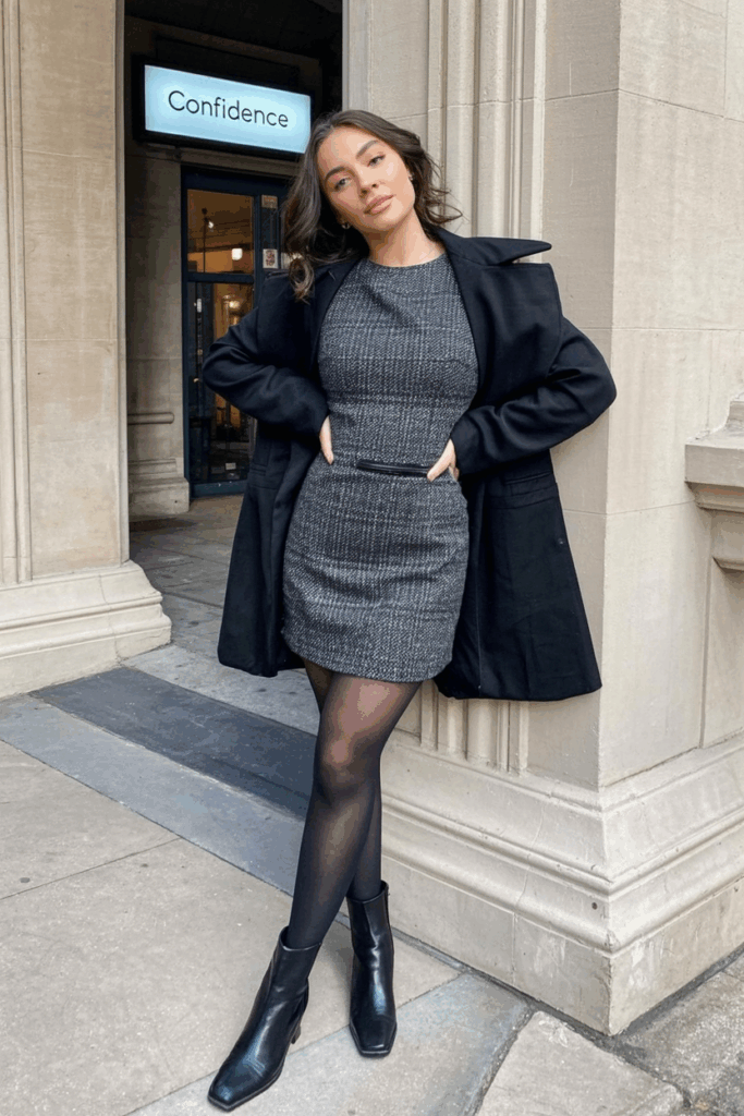 A woman wearing a structured tweed mini dress with opaque tights and ankle boots,