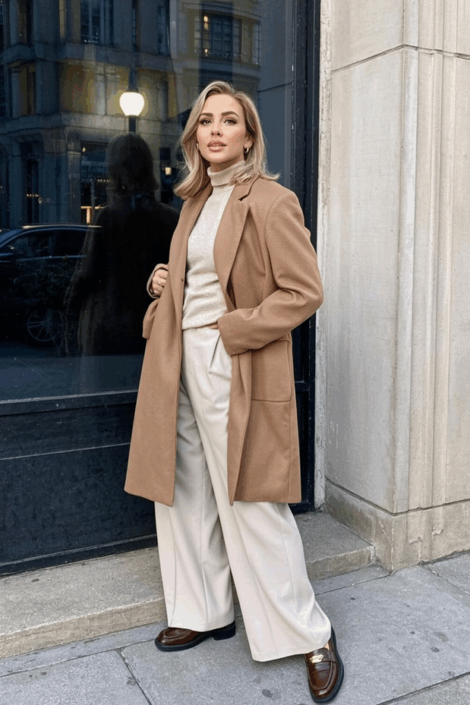 A woman wearing a tailored camel wool overcoat, cream turtleneck sweater, wide-leg ivory trousers, and brown leather loafers