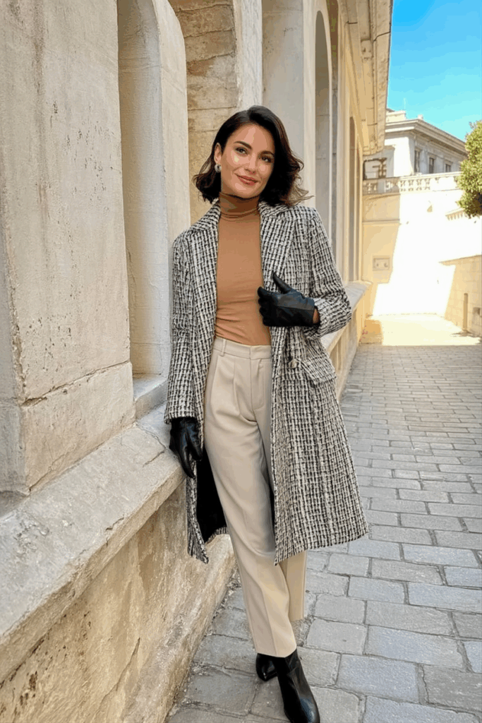 A woman wearing a textured tweed coat in shades of black and cream over a monochrome tan ensemble. She finishes the look with black leather gloves and low-heeled boot