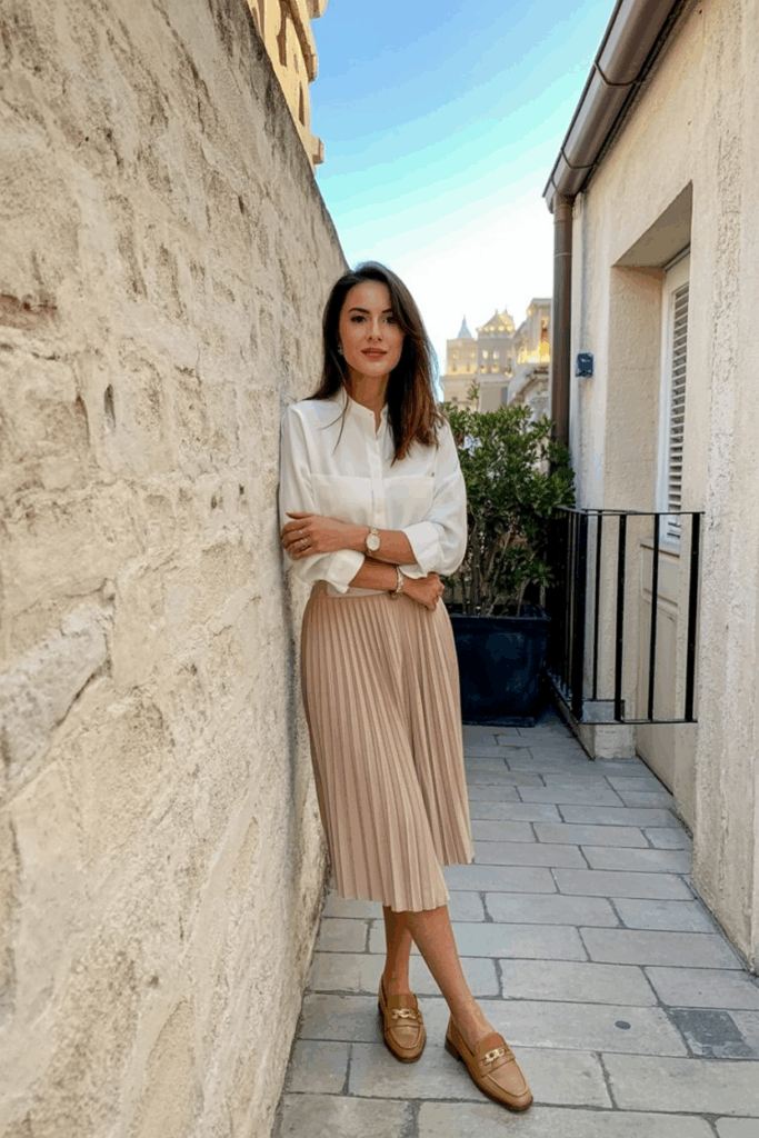 A woman wearing a white blouse tucked into a blush pleated skirt with tan loafers