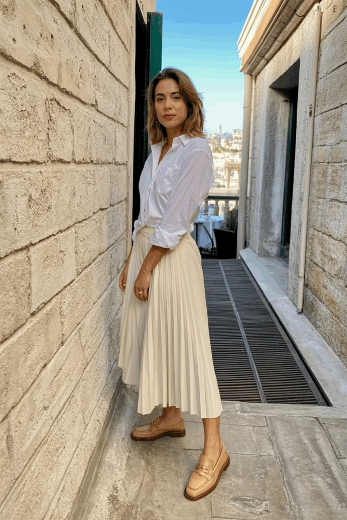 A woman wearing a white blouse tucked into a cream pleated skirt with tan loafers