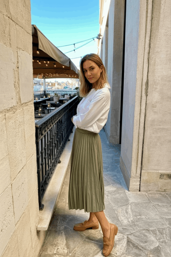 A woman wearing a white blouse tucked into a dusty olive pleated skirt with tan loafers