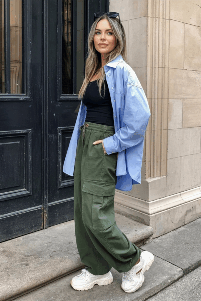 army green cargo pants, an oversized light blue button-up shirt, and chunky white sneakers, with sunglasses
