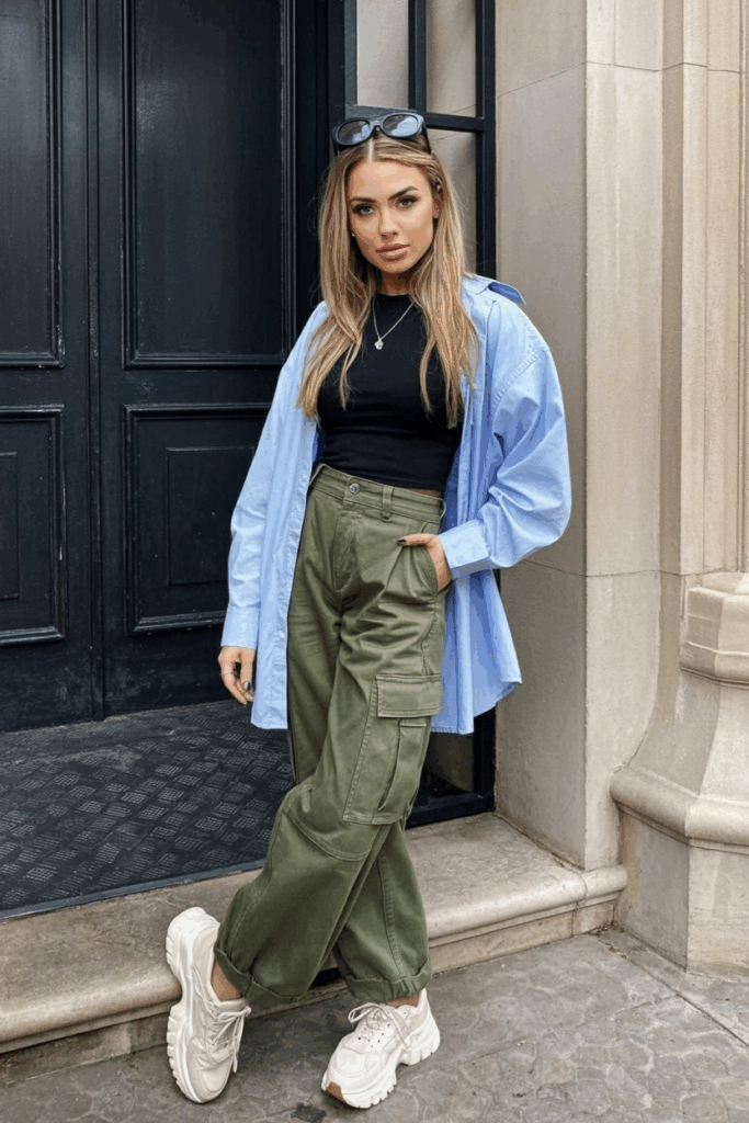 army green cargo pants, an oversized light blue button-up shirt, and chunky white sneakers, with sunglasses
