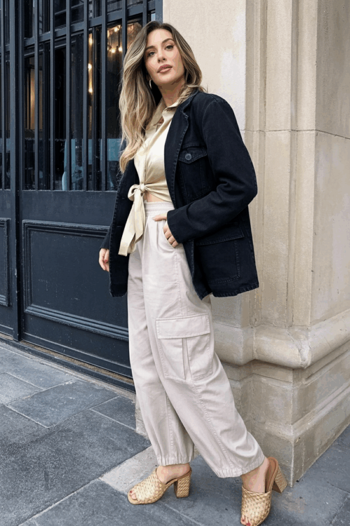 A woman wearing cream cargo pants, a tucked-in beige blouse, and woven mules