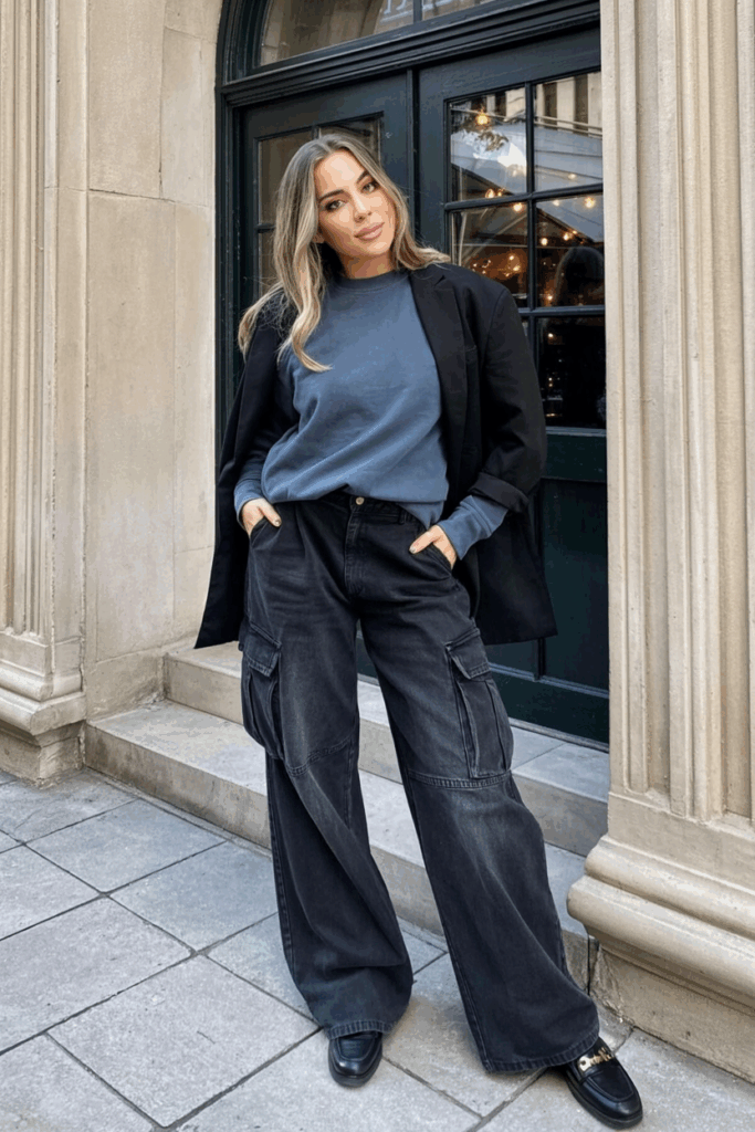 aded black cargo pants, a slate blue crewneck, and loafers