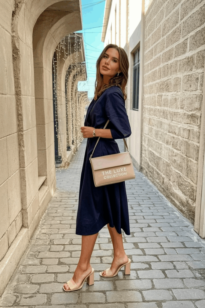 A woman wearing nude block heels with a navy midi dress and structured handbag.