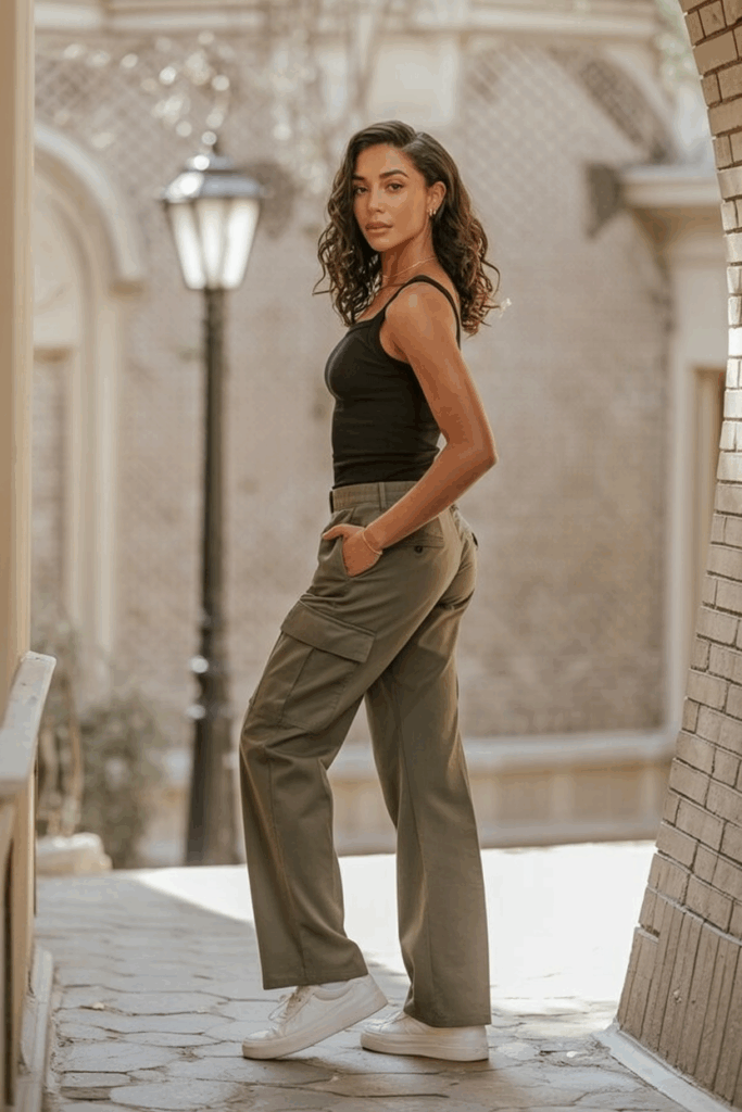 A woman wearing olive green straight-leg cargo pants, a fitted black tank top, and minimalist white sneakers