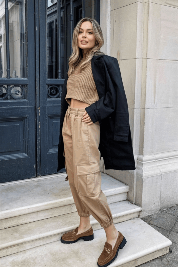 woman wearing tan cargo pants, a cropped oatmeal knit sweater, and brown suede loafers