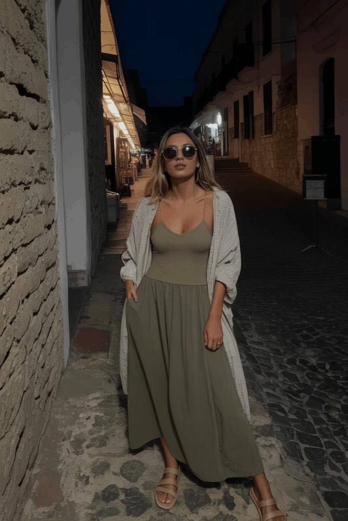 a muted olive cotton maxi dress with an oversized beige cardigan, flat sandals, and large sunglasses